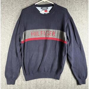 VTG Tommy Hilfiger Sweater Mens L Navy Blue Spellout Sweatshirt Cotton Crew Neck